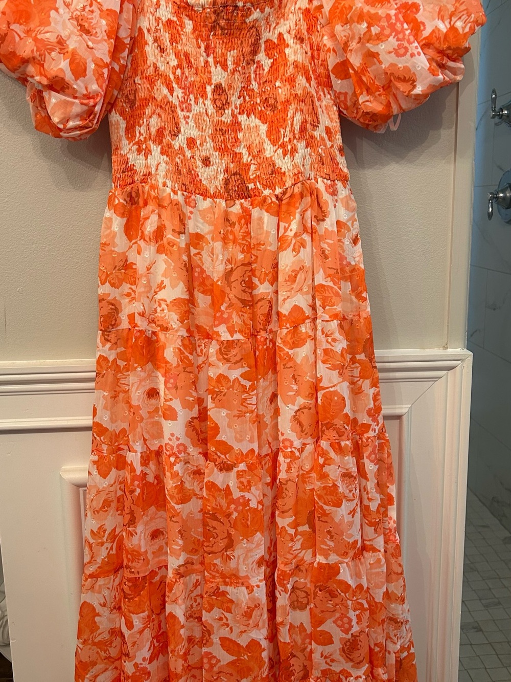 Orange Floral Puff-Sleeve Maxi Dress by Aleeza Paris